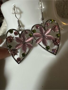 Pink Floral Heart Drop Earrings - Women Jewelry